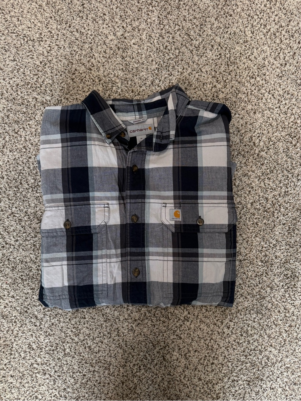 Carhartt Men’s Navy and White Plaid Button-Down Work Shirt